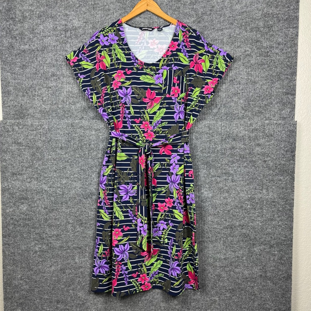 Lands End Dress‎ Womens XL/P Floral Stripe Belted Cotton Cap Sleeve Tropical